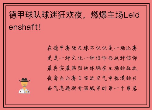 德甲球队球迷狂欢夜，燃爆主场Leidenshaft！