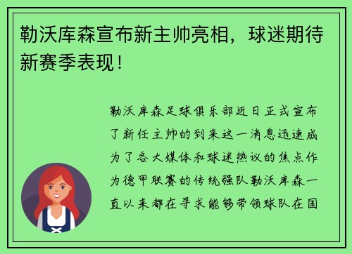 勒沃库森宣布新主帅亮相，球迷期待新赛季表现！